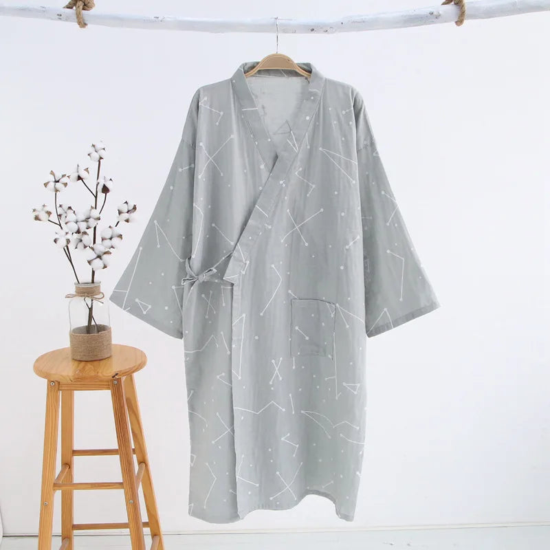 Men's Patterned Cotton Gauze Robe. Cotton gauze.