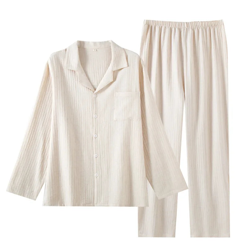 Men's Cream Gauze Cotton Long Pyjamas. Cotton gauze.