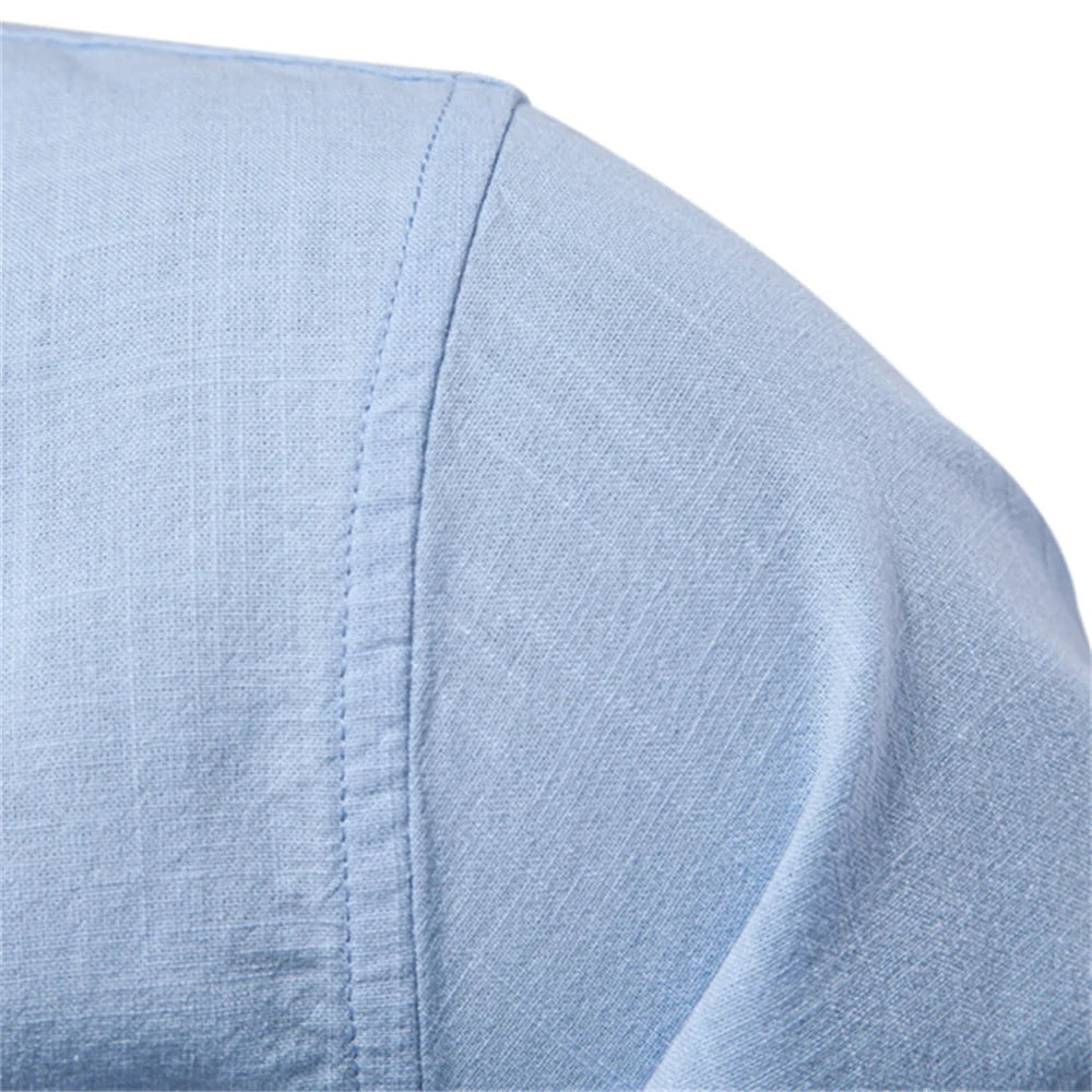 Men's Cotton Grandad-Collar Contrast Shirt. Grandad collar.