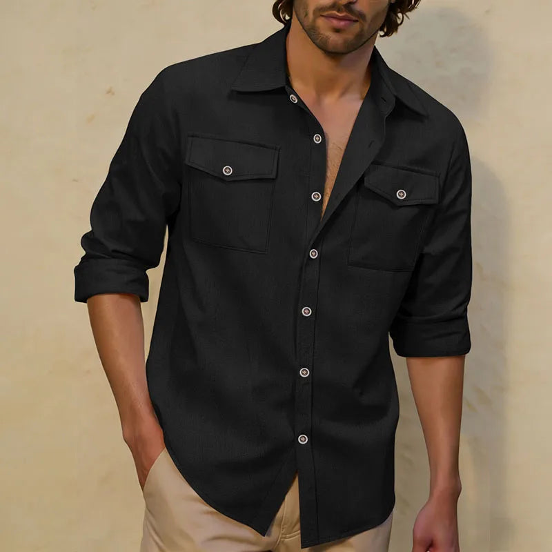 Men's Linen-Blend Twin-Pocket Utility Shirt. Long sleeves and button front.