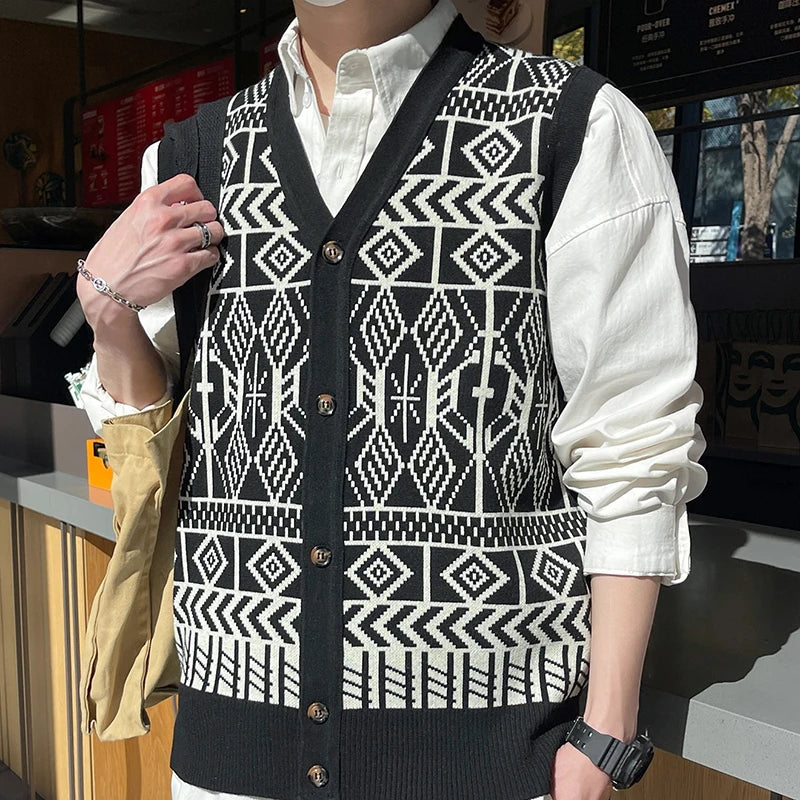 Men's Geometric Button-Front Knit Vest. Black and cream geometric knit.