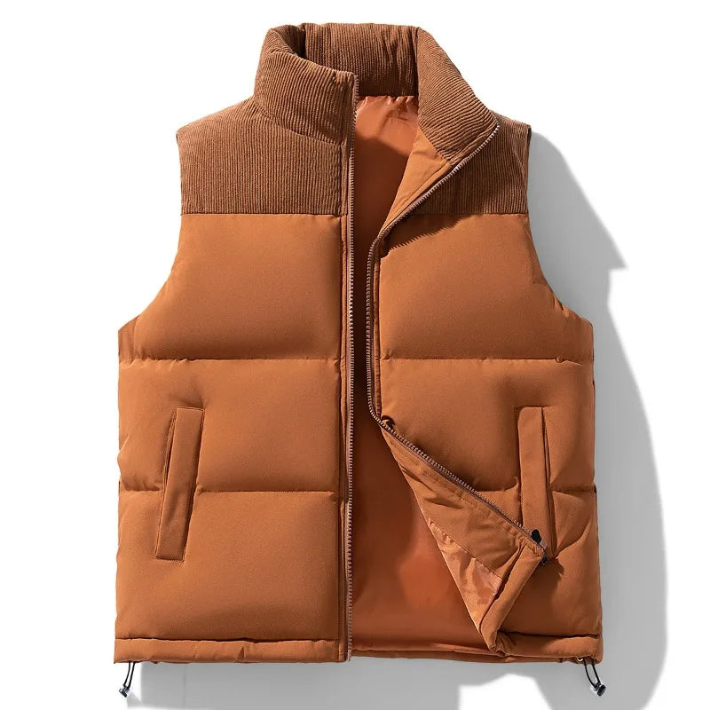 Men's Cord-Panel Puffer Gilet. Cord-textured yoke and collar.
