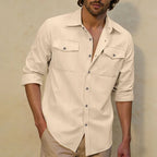 Men's Linen-Blend Twin-Pocket Utility Shirt. Long sleeves and button front.