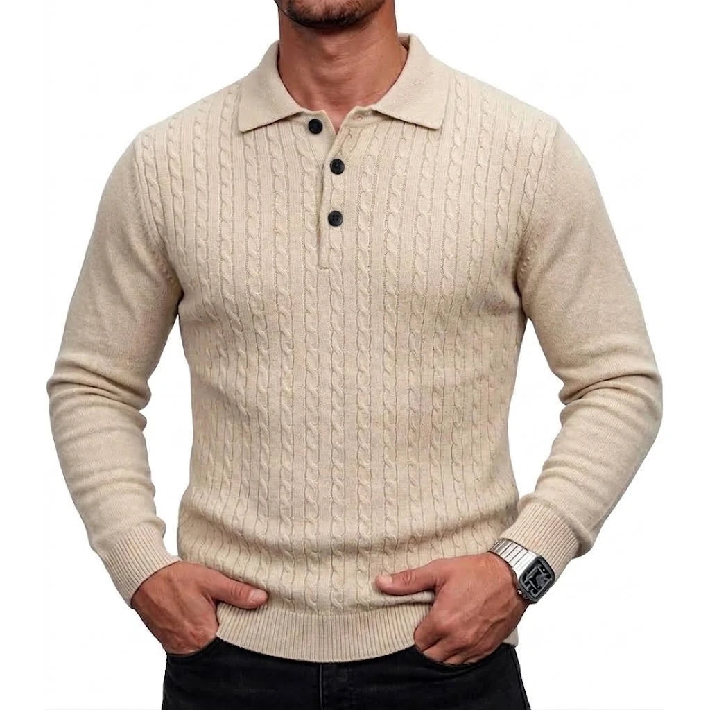 Men's Cable-Knit Long-Sleeve Polo. Cable-knit detailing.