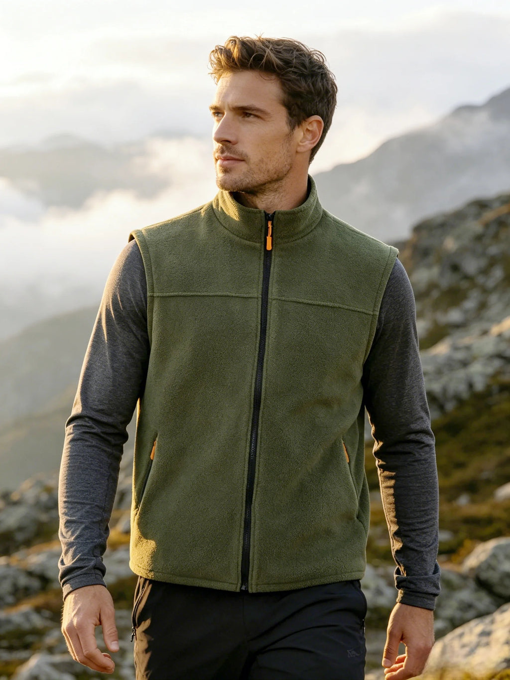 Men's Stand-Collar Zip-Front Fleece Gilet. Fleece texture.