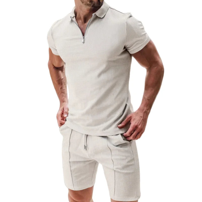 Men's Waffle Zip-Polo & Shorts Set. Matching two-piece set.