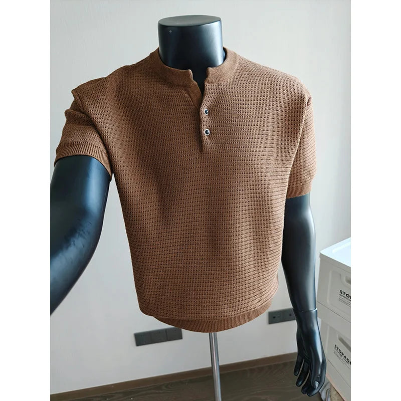 Men's Textured Short-Sleeve Knit Henley. Textured knit.