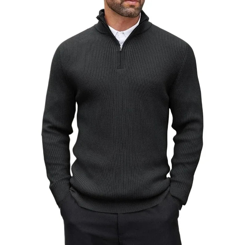 Men's Ribbed Stand-Collar Quarter-Zip Jumper. Ribbed knit texture.