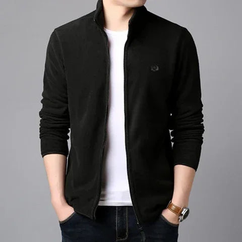 Men's Stand-Collar Zip Jacket With Chest Emblem. Stand collar.
