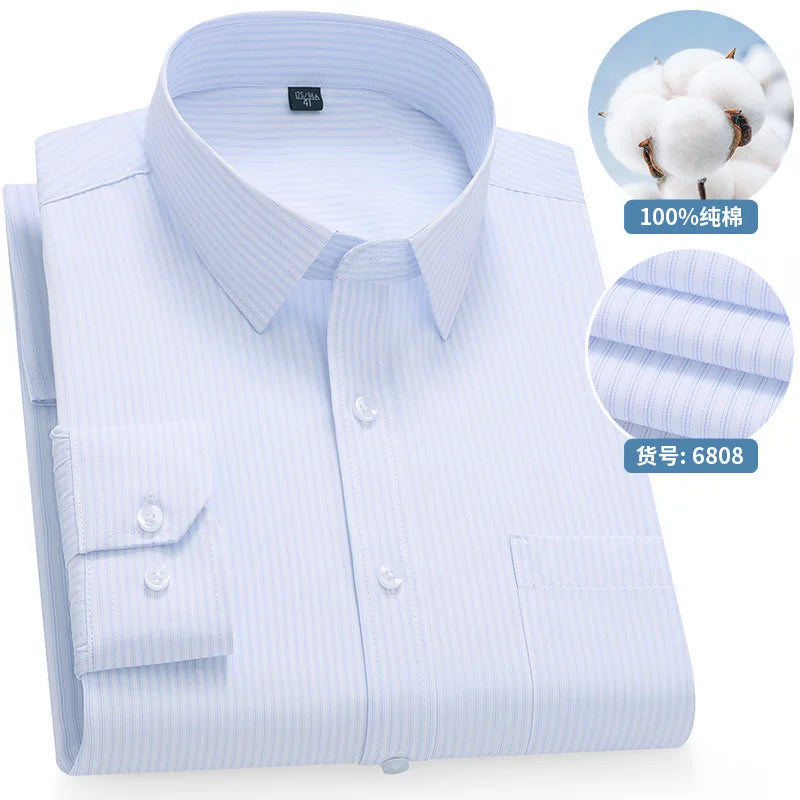 Men's Cotton Long-Sleeve Stripe Pocket Shirt. 100% cotton.