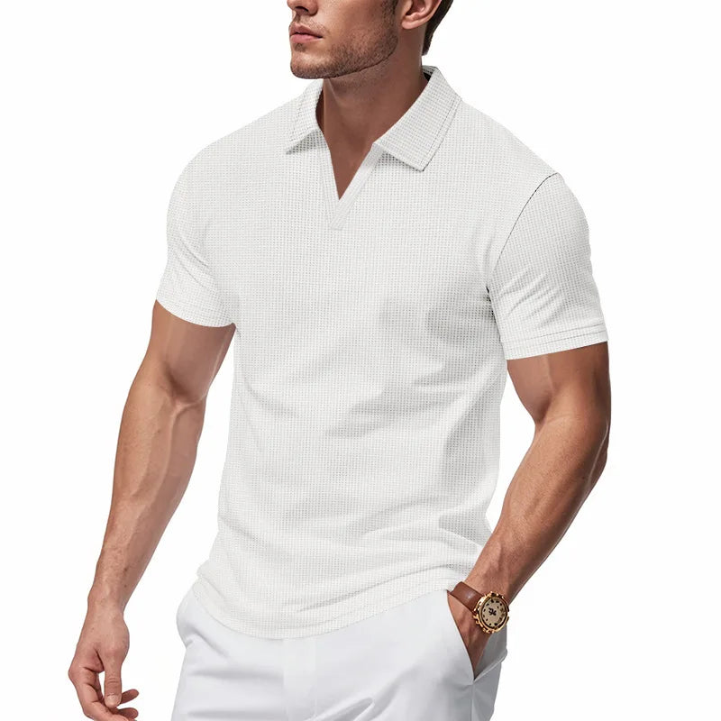 Men's Waffle Open-Collar Polo Shirt. Waffle texture.