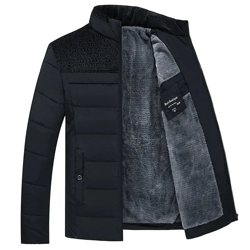 Men's Plush-Lined Quilted Puffer Jacket. Horizontal quilting with textured shoulder and chest panels.