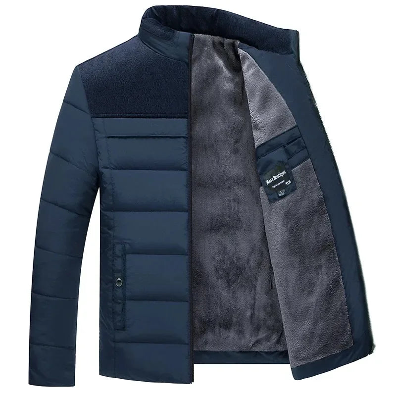Men's Plush-Lined Quilted Puffer Jacket. Horizontal quilting with textured shoulder and chest panels.