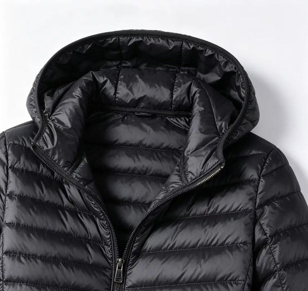Men's Lightweight Narrow-Quilted Hooded Puffer. Narrow horizontal quilting.