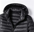 Men's Lightweight Narrow-Quilted Hooded Puffer. Narrow horizontal quilting.