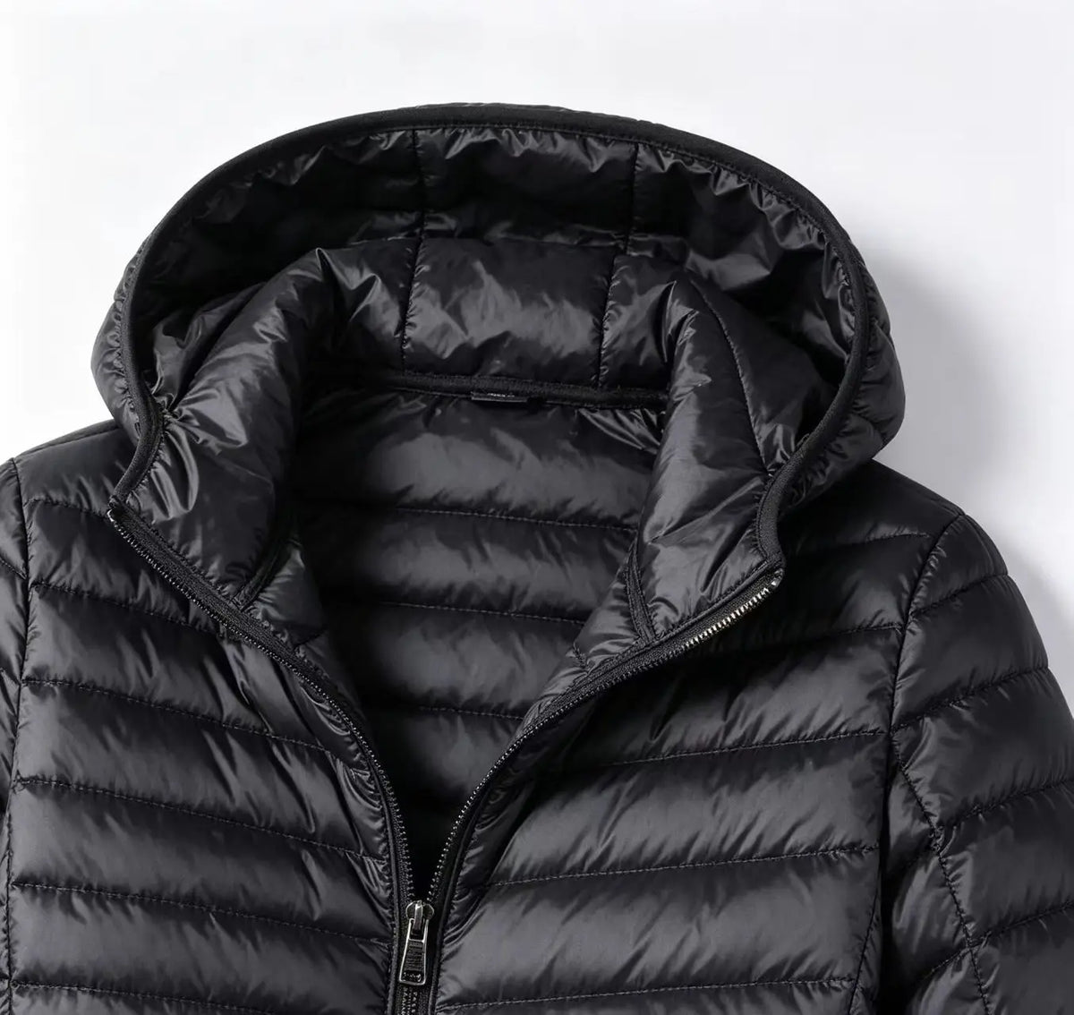 Men's Lightweight Narrow-Quilted Hooded Puffer. Narrow horizontal quilting.