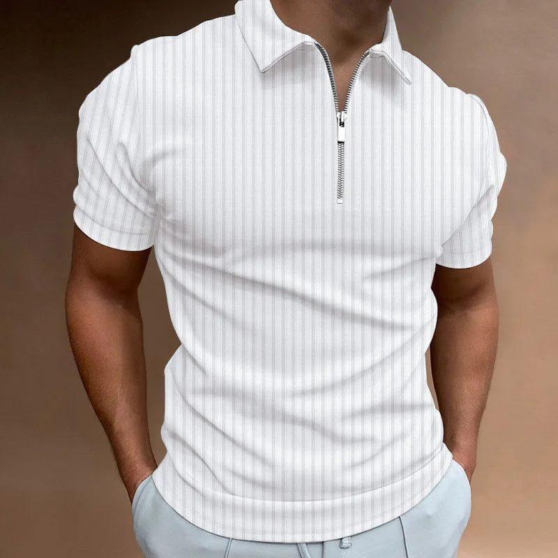 Men's Ribbed Short-Sleeve Zip-Neck Polo. Vertical rib texture.