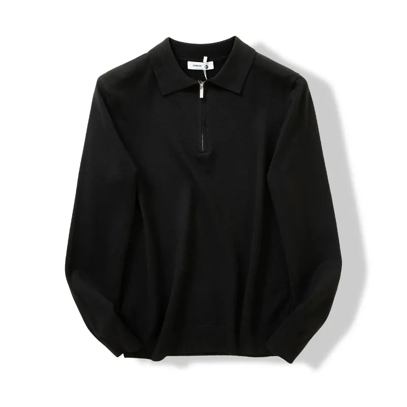 Men's Collared Zip-Neck Knit Polo. Fold-over polo collar.