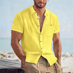 Men's Linen-Blend Short-Sleeve Pocket Shirt. Pointed collar and button front.