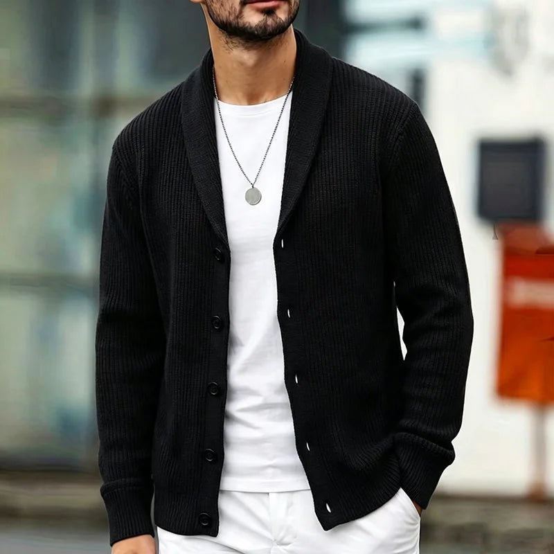 Men's Shawl-Collar Pocket Cardigan. Shawl collar.