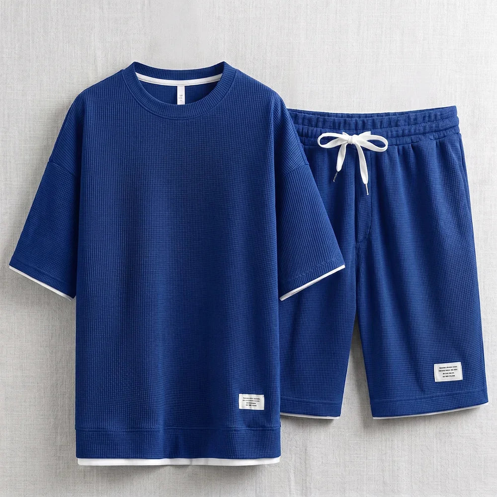 Men's Waffle T-Shirt & Lounge Shorts Set. Matching tee and shorts.