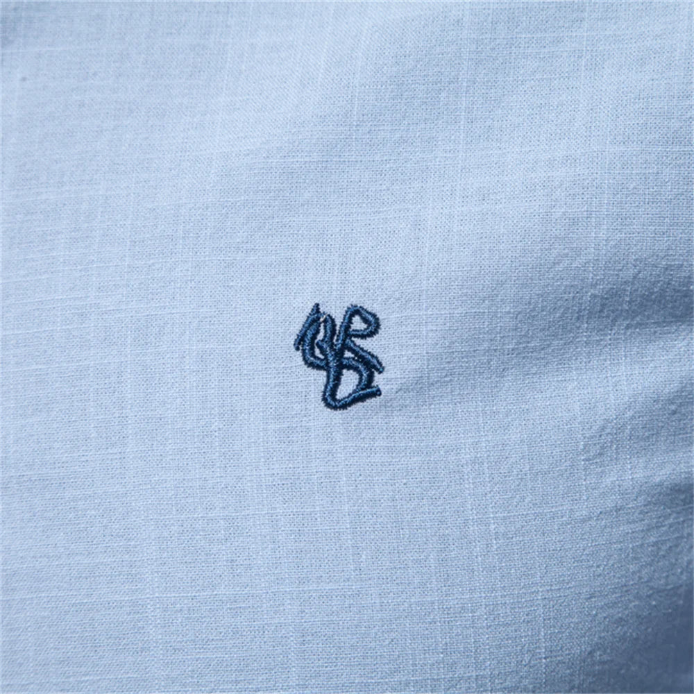 Men's Cotton Grandad-Collar Contrast Shirt. Grandad collar.