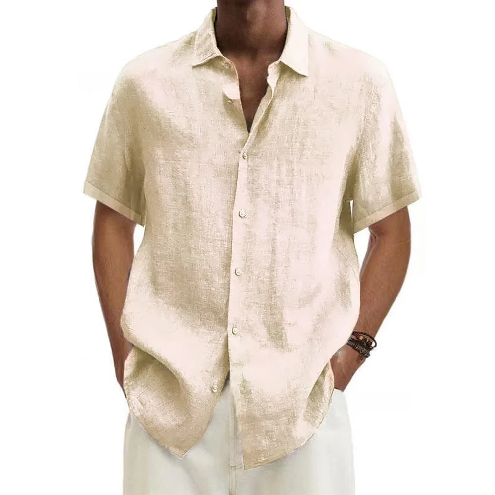 Men's Relaxed Short-Sleeve Cotton-Linen Shirt. Cotton-linen blend.