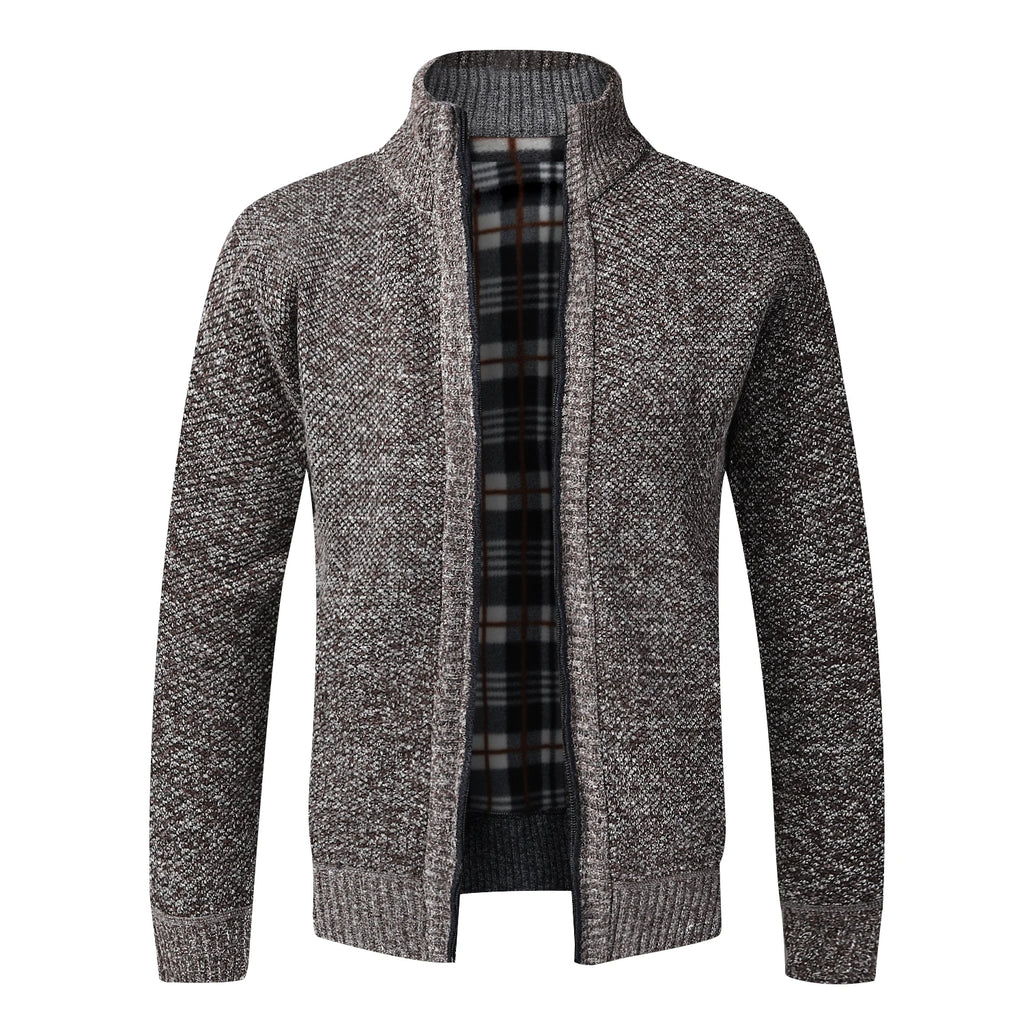 Men's Fleece-Lined Collared Knit Cardigan. Knitted exterior with fleece lining.