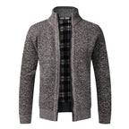 Men's Fleece-Lined Collared Knit Cardigan. Knitted exterior with fleece lining.