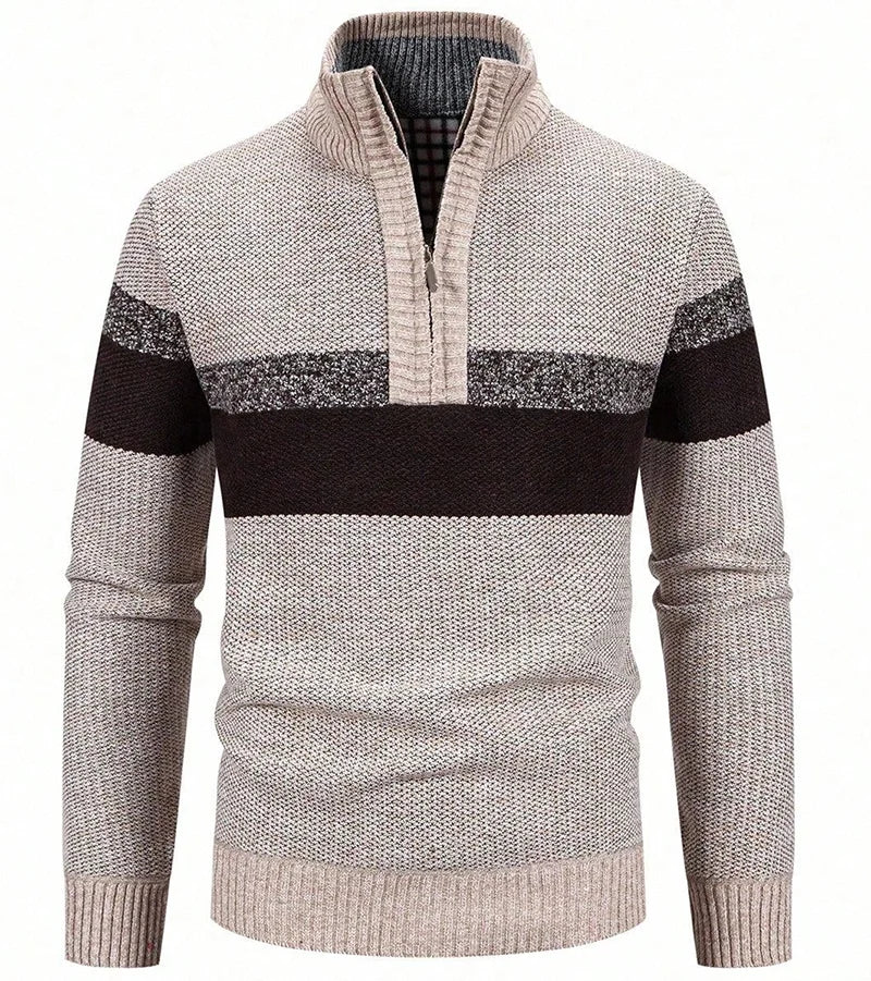 Men's Striped Winter Quarter-Zip Jumper. Quarter-zip fastening.