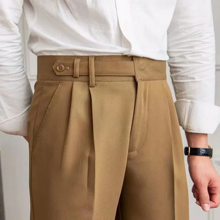 Men's Cropped High-Waist Pleated Trousers. Cotton and polyester blend.