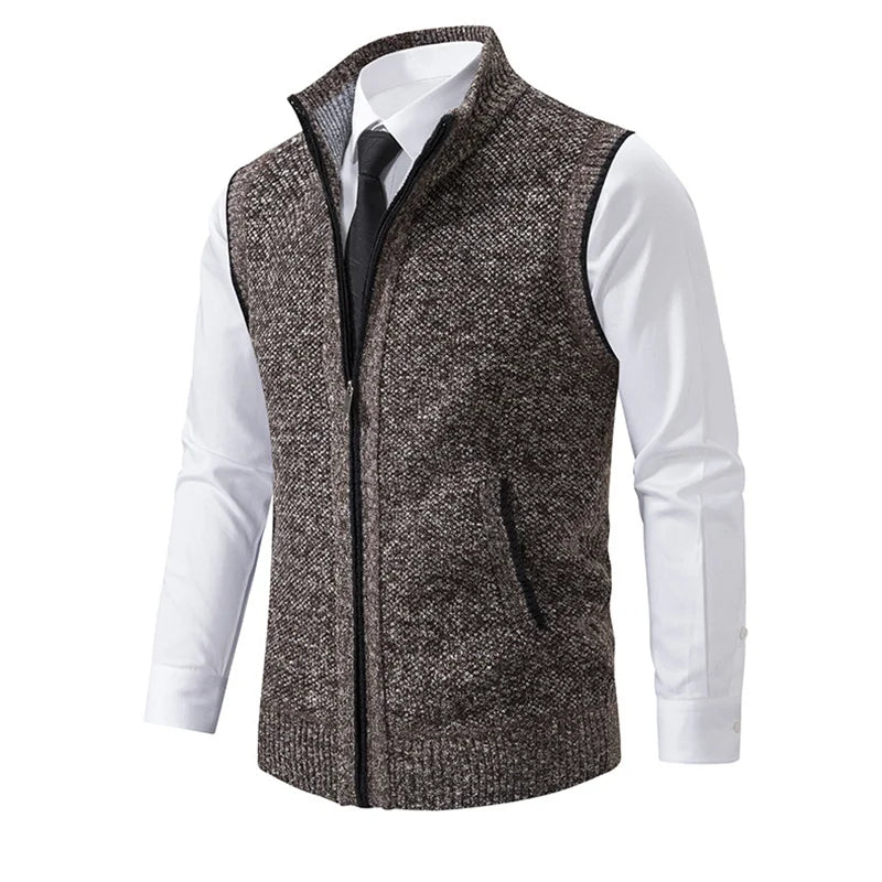Men's Zip-Through Knit Vest. Sleeveless knitted design.