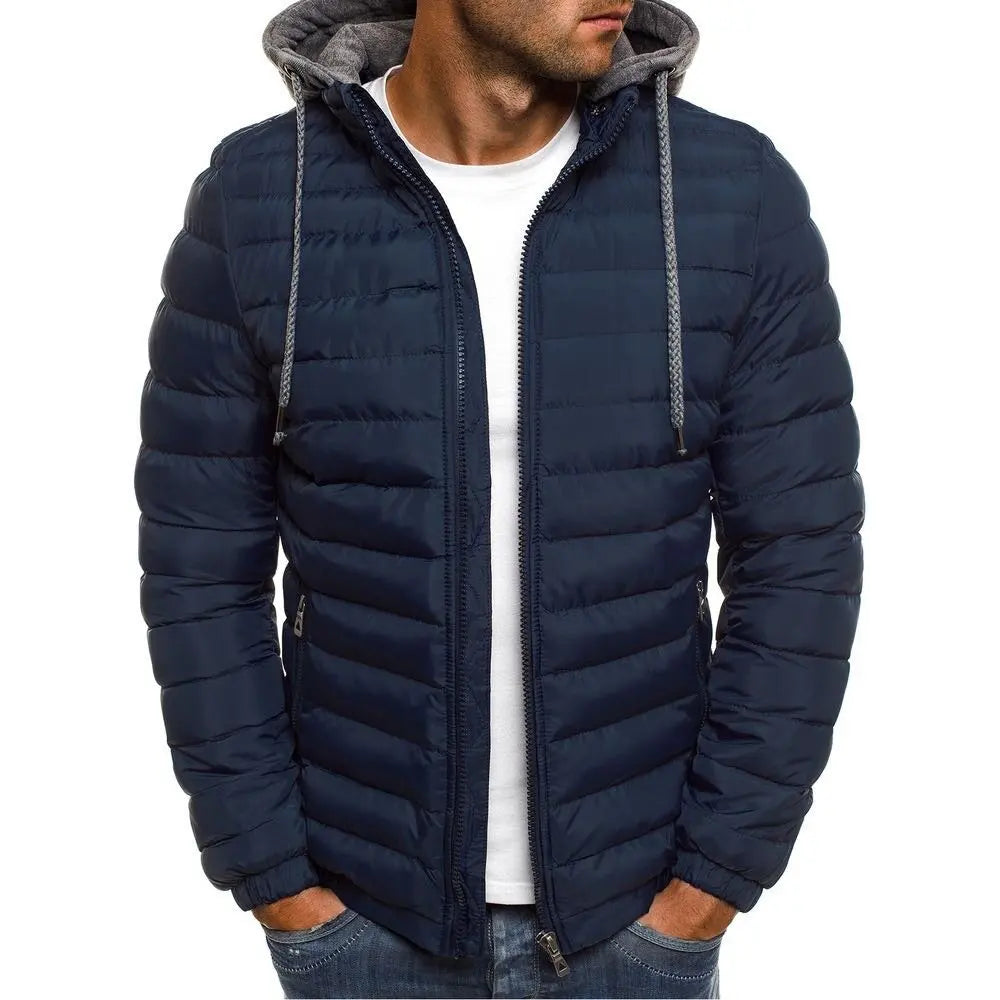 Men's Drawcord Hooded Quilted Puffer Jacket. Horizontal quilting.