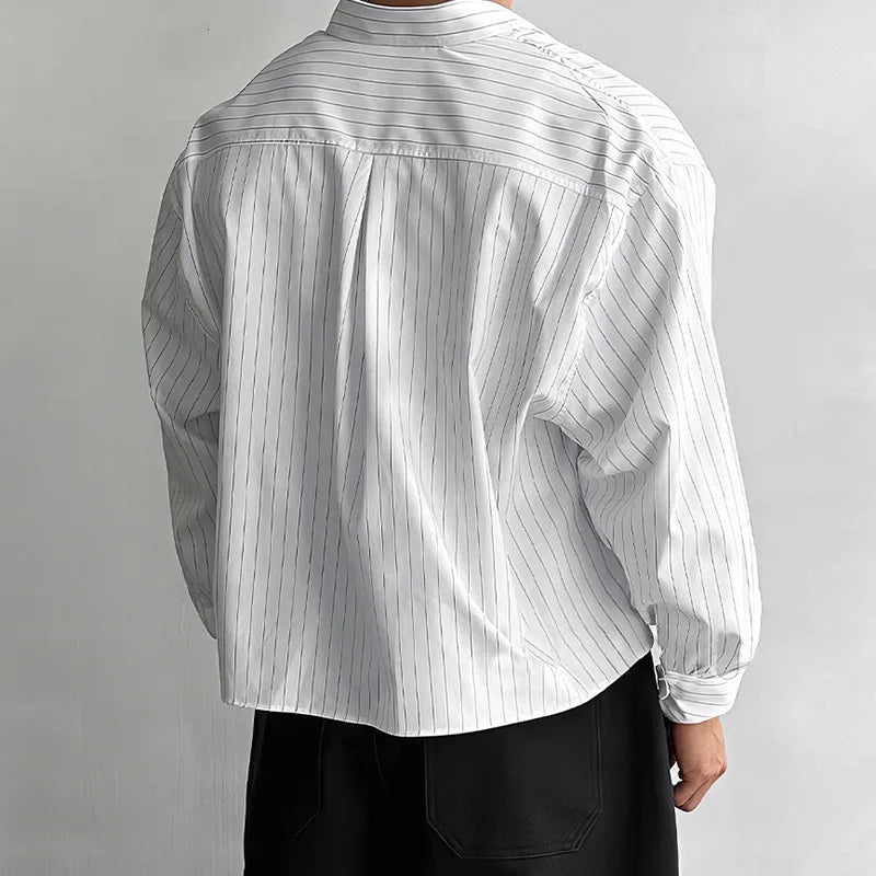 Men's Relaxed Long-Sleeve Pinstripe Shirt. Fine vertical pinstripes.
