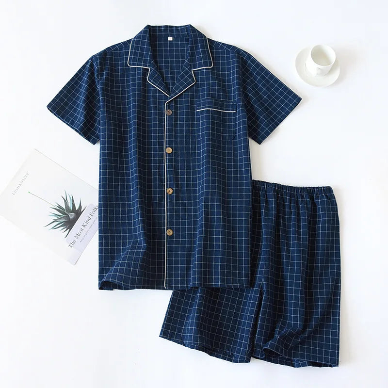 Men's Fine-Check Cotton Short Pyjamas. Cotton fabric.