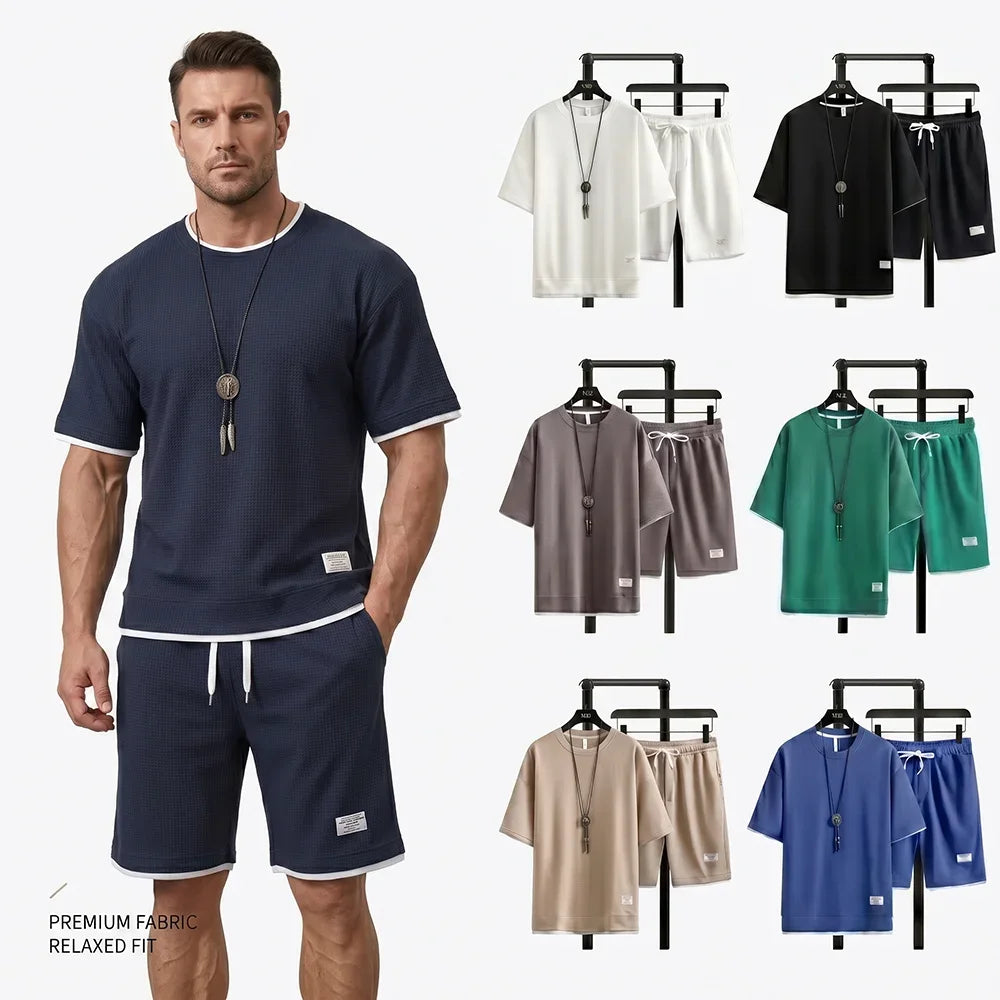 Men's Waffle T-Shirt & Lounge Shorts Set. Matching tee and shorts.