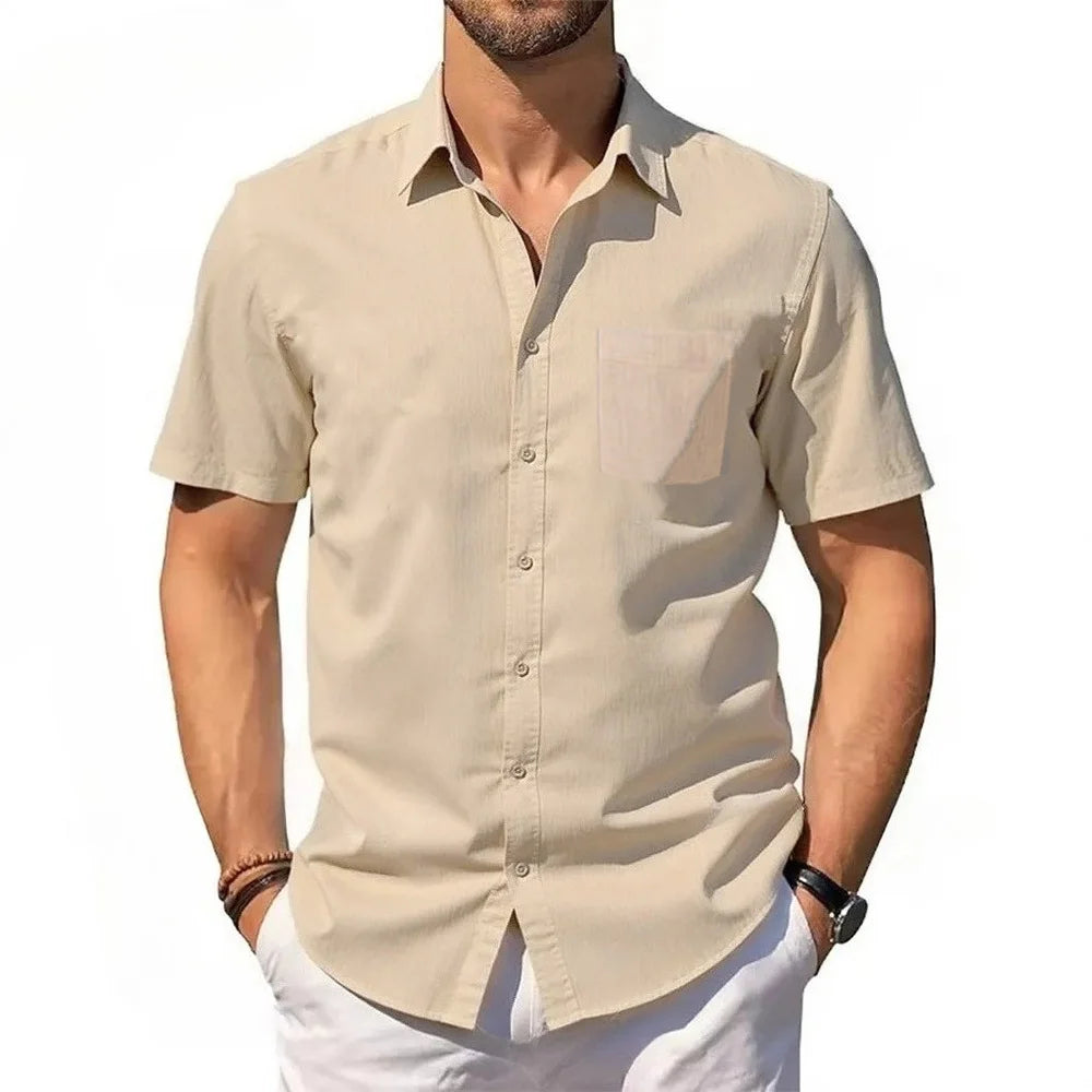 Men's Cotton-Linen Summer Pocket Shirt. Cotton and linen blend.