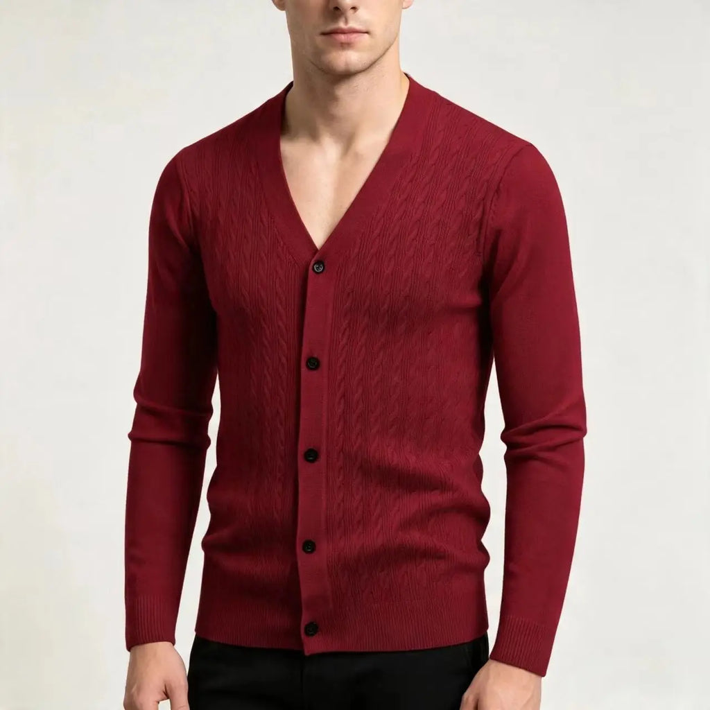 Men's Cable-Knit V-Neck Cardigan. Cable-knit texture.
