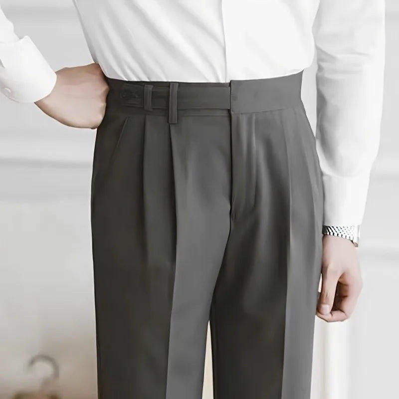 Men's Cropped High-Waist Pleated Trousers. Cotton and polyester blend.