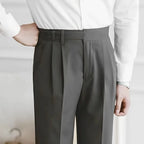 Men's Cropped High-Waist Pleated Trousers. Cotton and polyester blend.