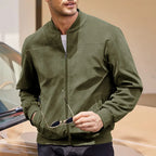 Men's Suede-Look Rib-Trim Bomber Jacket. Suede-look finish.
