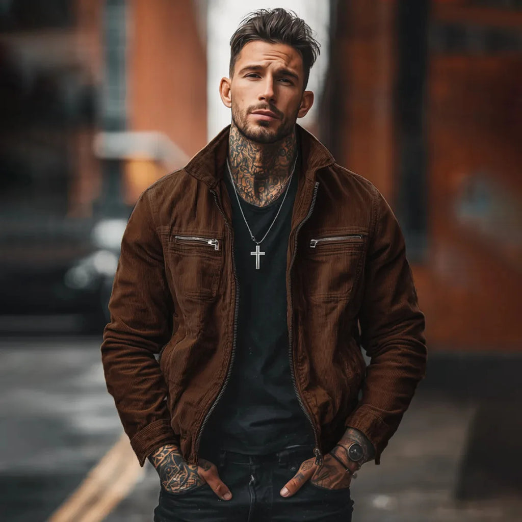 Men's Corduroy Zip-Front Workwear Jacket. Corduroy texture.