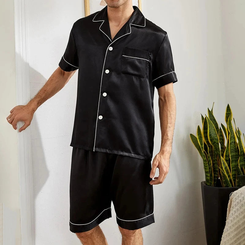 Men's Satin-Finish Short Pyjama Set. Polyester-elastane satin finish.