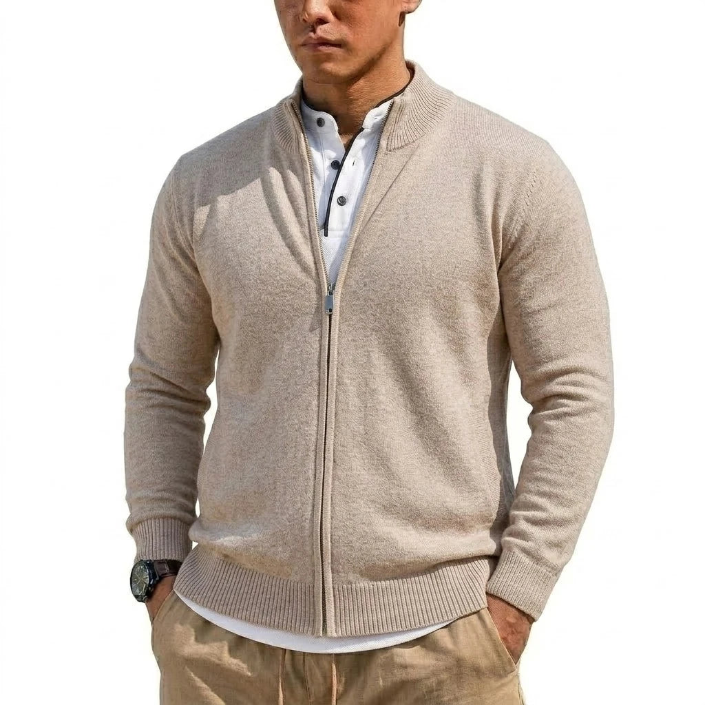 Men's Stand-Collar Zip-Through Cardigan. Full-length zip fastening.