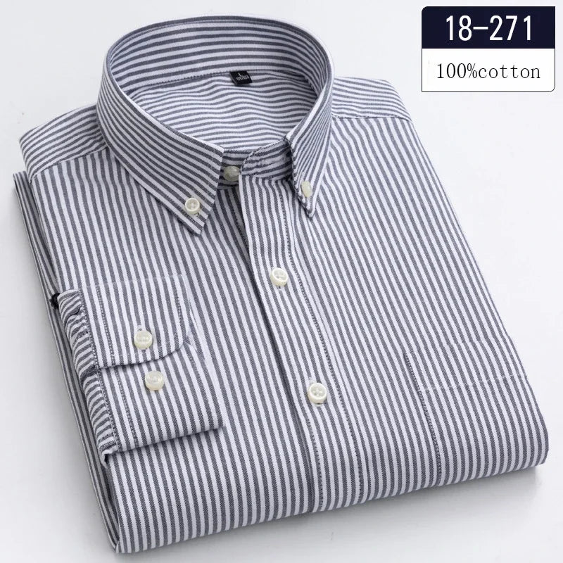 Men's Cotton Check & Stripe Button-Down Shirt. Button-down collar and button front.