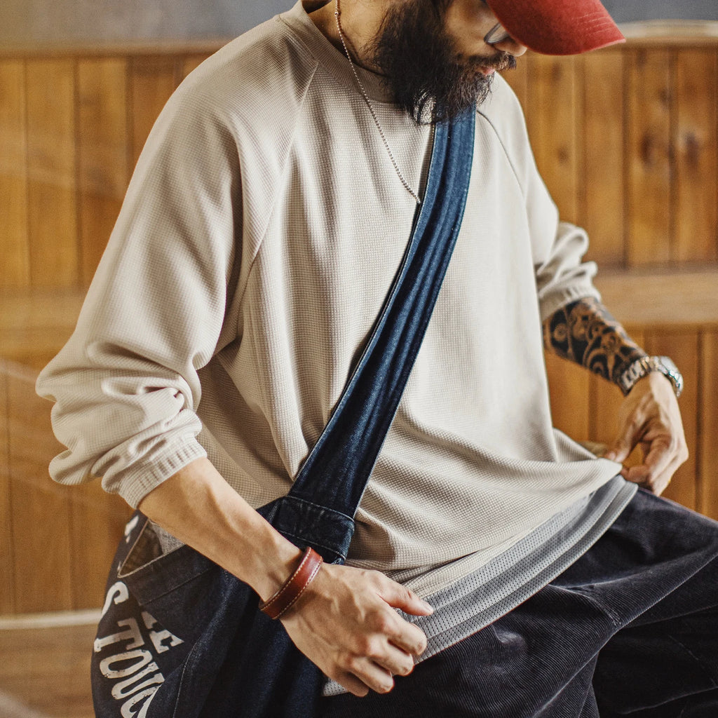 Men's Oversized Waffle Drawcord Sweatshirt. Fine waffle texture.