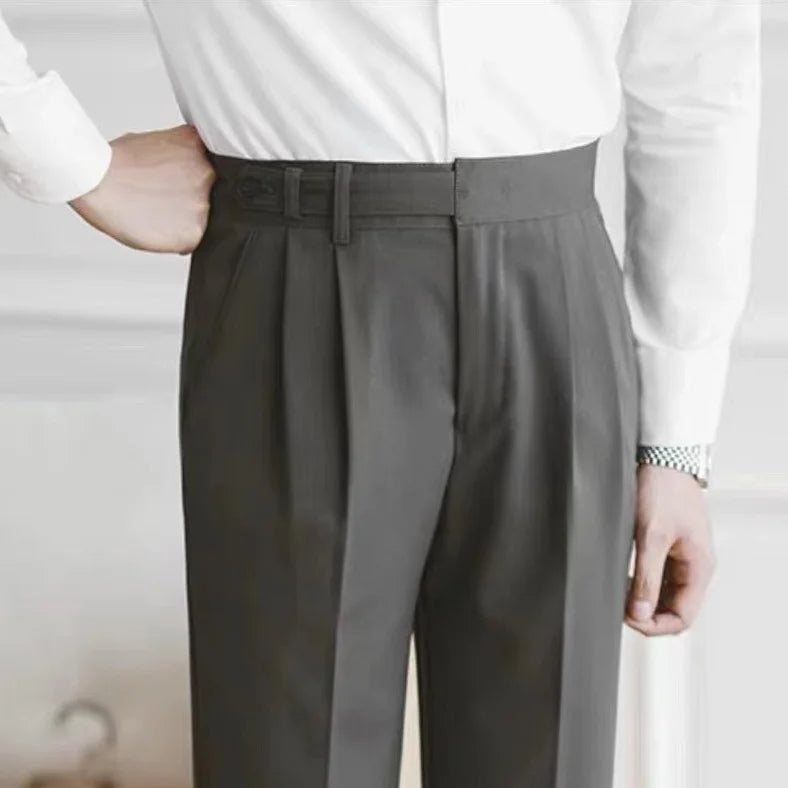 Men's Cropped High-Waist Pleated Trousers. Cotton and polyester blend.