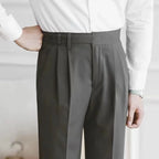 Men's Cropped High-Waist Pleated Trousers. Cotton and polyester blend.