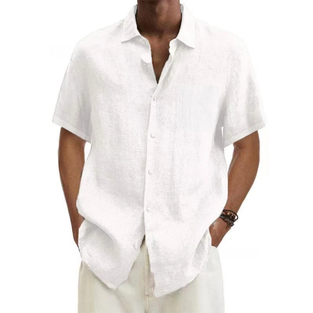 Men's Relaxed Short-Sleeve Cotton-Linen Shirt. Cotton-linen blend.