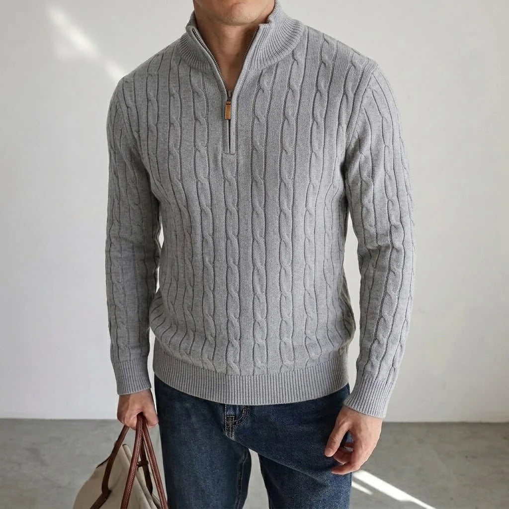 Men's Cable-Knit Quarter-Zip Jumper. Cable-knit texture.